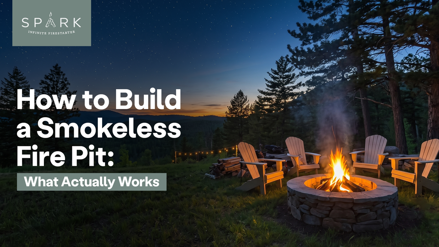Smokeless stone fire pit burning beside Adirondack chairs in a forest clearing at night.