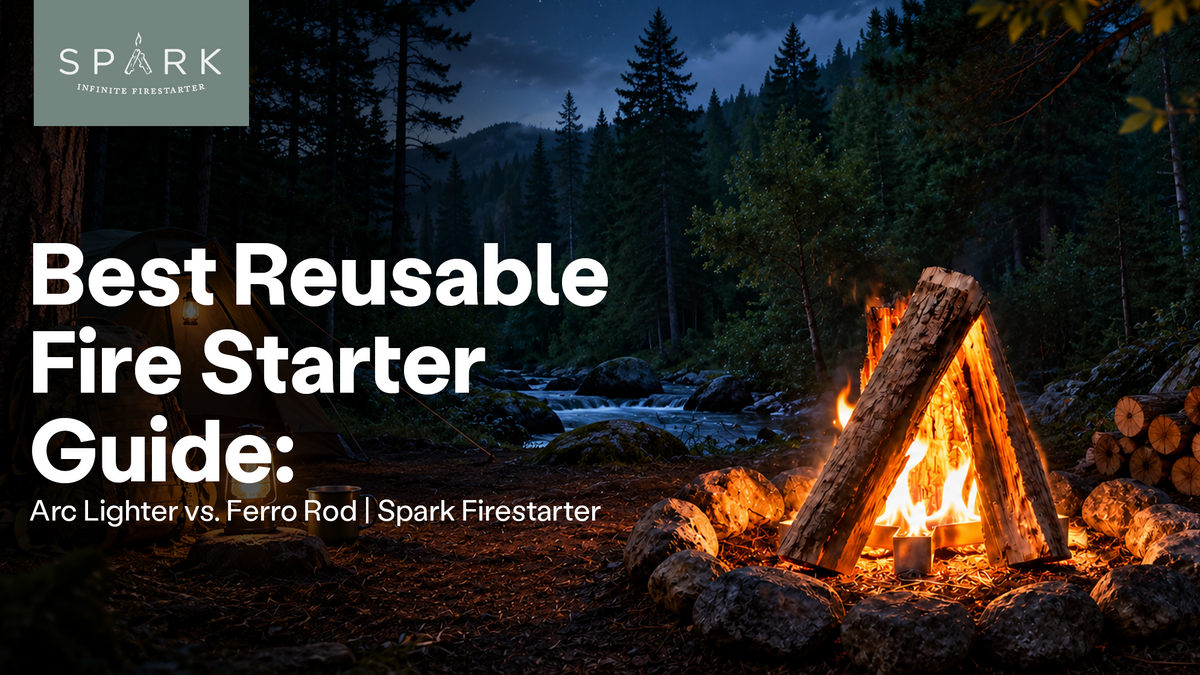 Campfire burning beside a tent in a forest with text about the best reusable fire starters, including arc lighters, ferro rods, and Spark Firestarter.