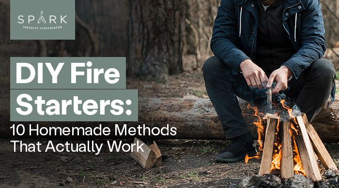 SPARK INFINITE DIY header: 10 homemade fire starters that actually work, tested methods for outdoor survival.