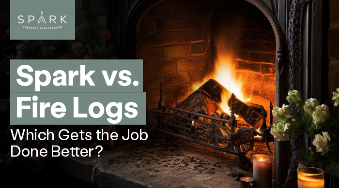 A cozy fireplace scene with text: