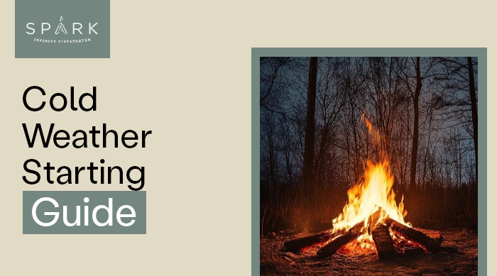 Spark fire starter blog banner with fire pit in the woods