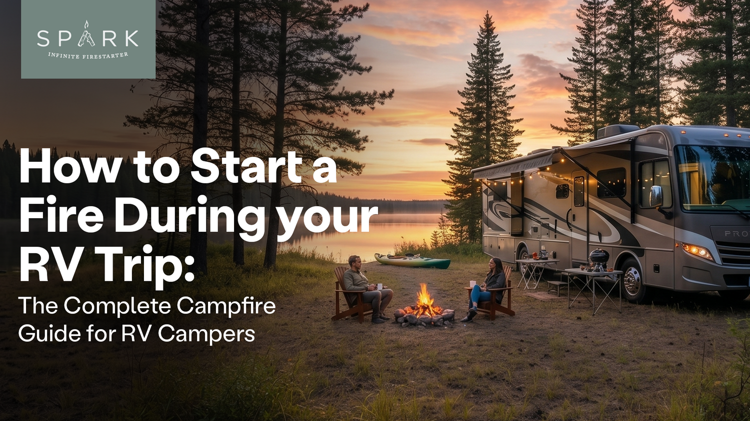 RV campers sitting beside a campfire near an RV and lake at sunset.