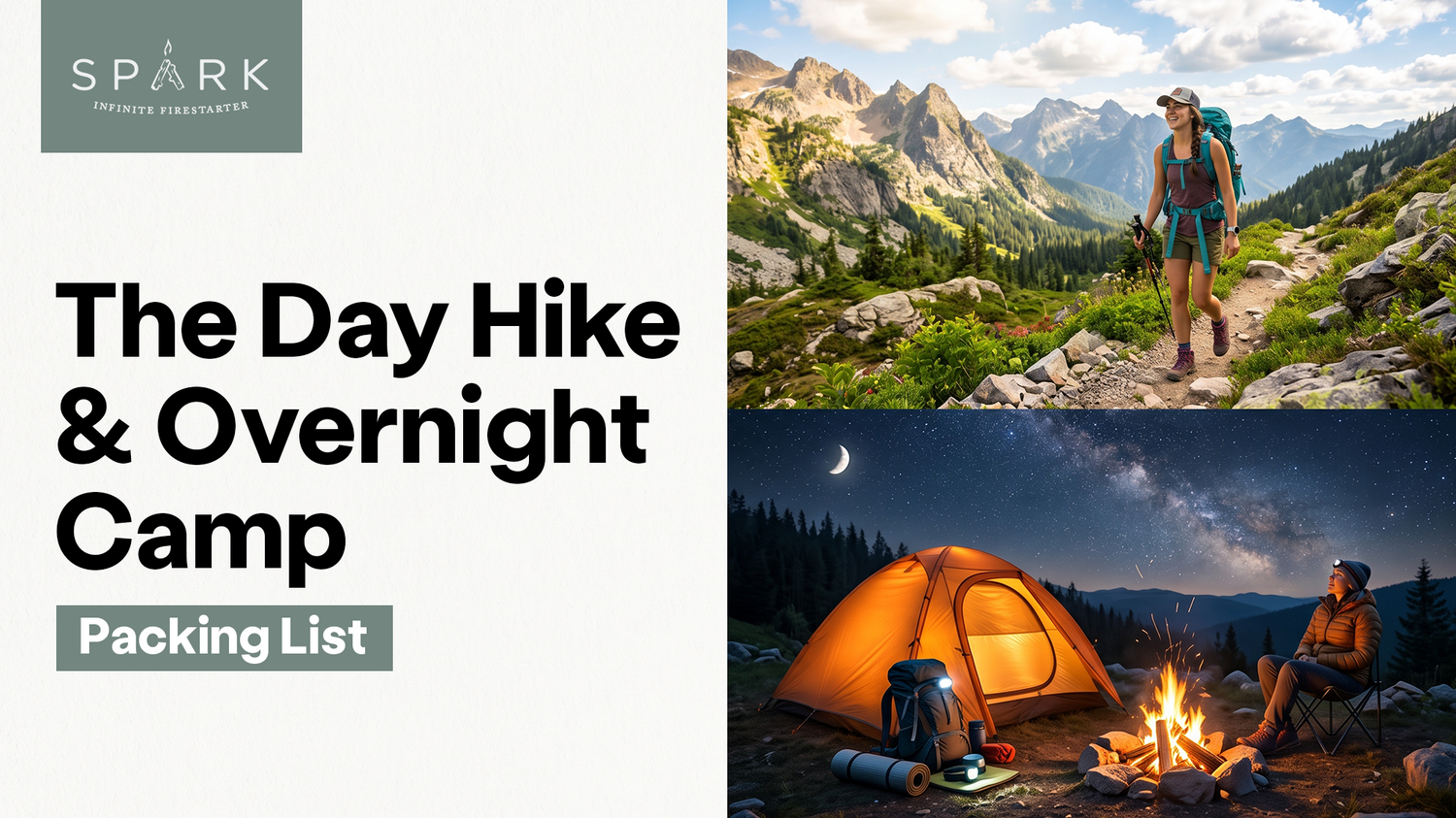 Day hike and overnight camping scene with a mountain trail, tent, campfire, and Spark Firestarter branding.