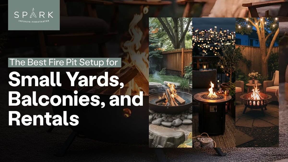Three small-space fire setups: a steel fire pit in a fenced backyard, a gas fire table on a city balcony at night, and a portable fire pit on a small patio under string lights