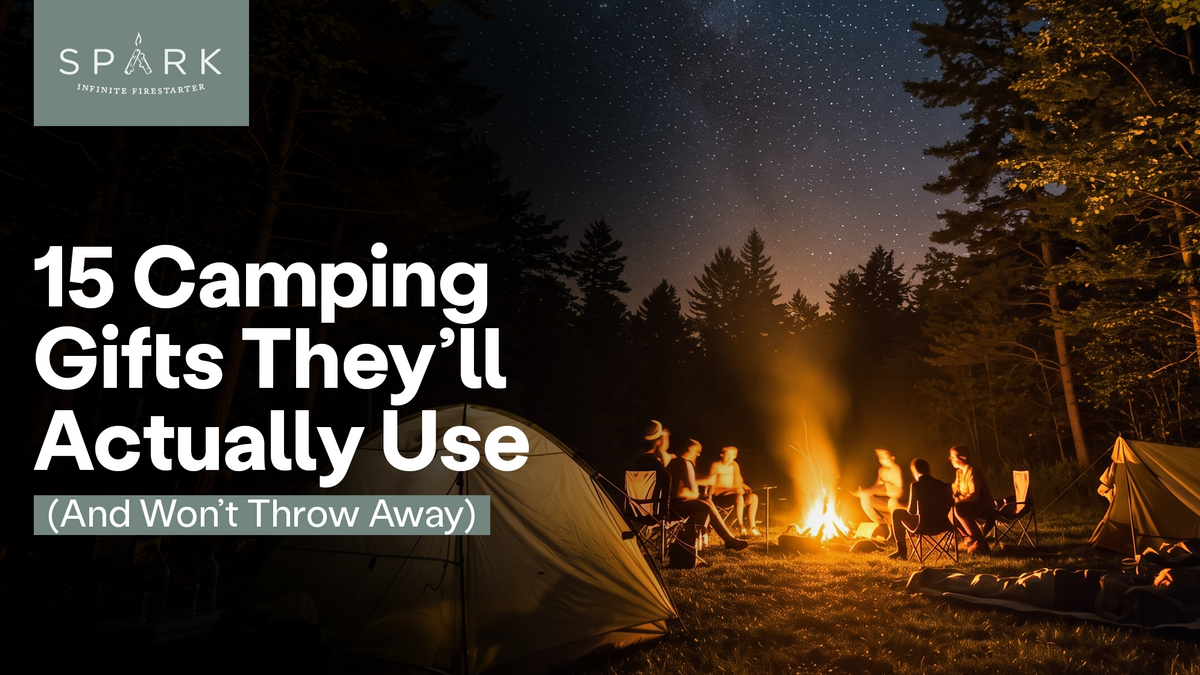 Friends sitting in camp chairs around a campfire between tents in a forest clearing under a starry night sky