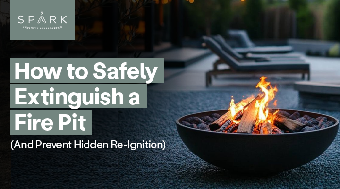Outdoor fire pit with burning logs showing how to safely extinguish a fire pit