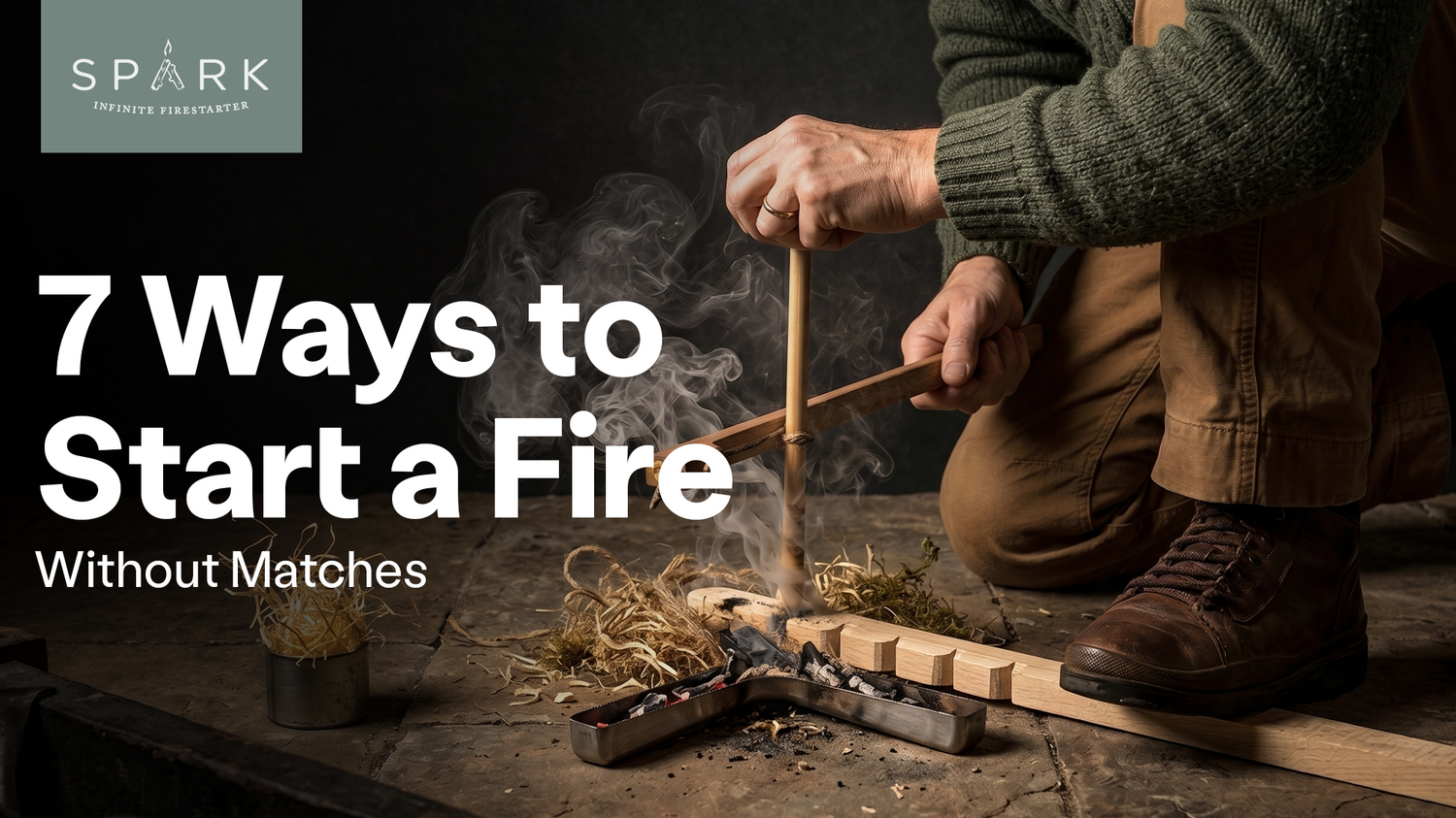 Person using primitive fire-starting method with hand drill beside Spark firestarter for fast fire ignition without matches.